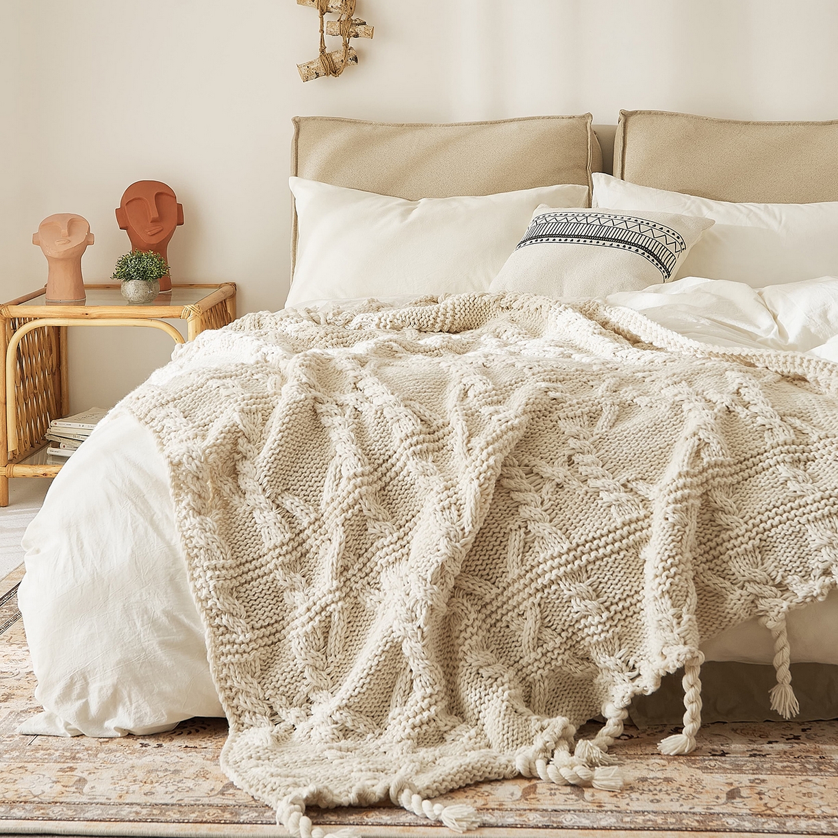 （总）暖绵绵家纺 2026新款几何编制温柔米色流苏针织毯-艾岚珍（本款券后/折后零售价不得低于330元）