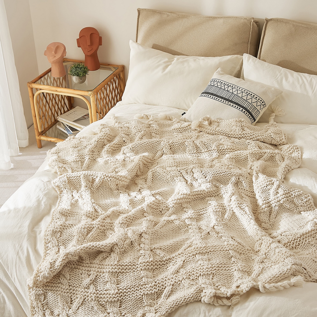 91家纺网 家纺一手货源 找家纺 （总）暖绵绵家纺 2026新款几何编制温柔米色流苏针织毯-艾岚珍（本款券后/折后零售价不得低于330元）