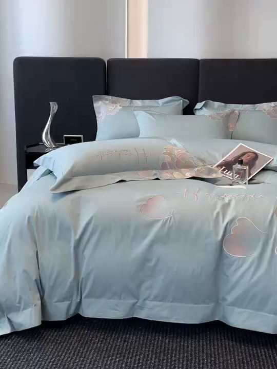 91家纺网 家纺一手货源 找家纺 置顶家纺 2026新款花间集刺绣小清新系列四件套 花间集-繁星蓝