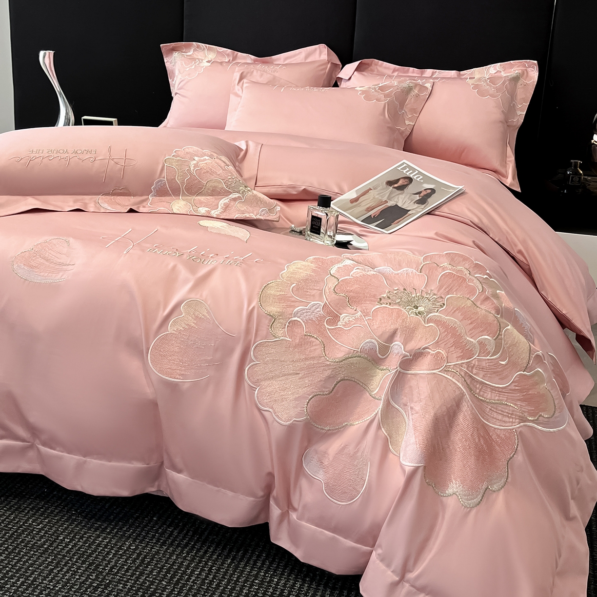 91家纺网 家纺一手货源 找家纺 置顶家纺 2026新款花间集刺绣小清新系列四件套 花间集-浅豆沙