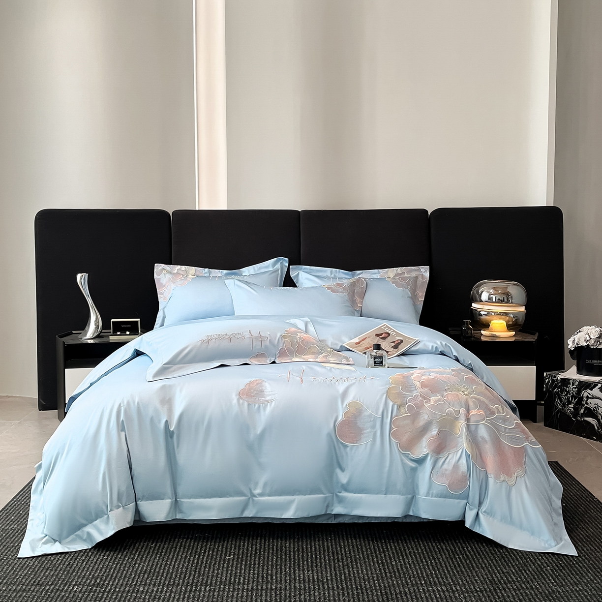 置顶家纺 2026新款花间集刺绣小清新系列四件套 花间集-天空蓝