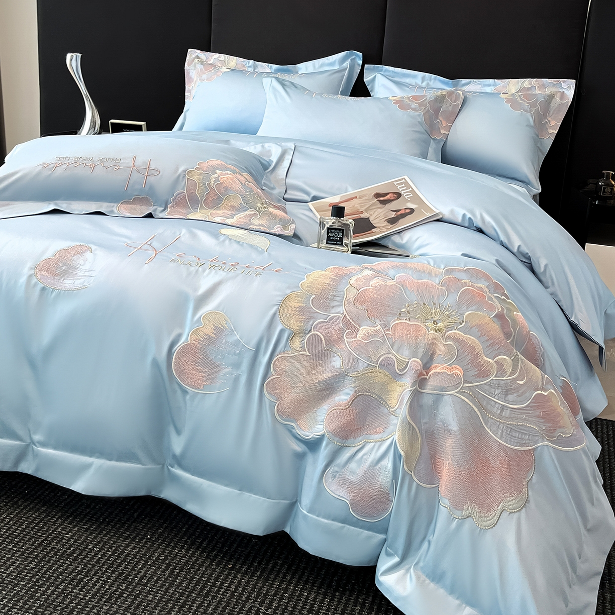 91家纺网 家纺一手货源 找家纺 置顶家纺 2026新款花间集刺绣小清新系列四件套 花间集-天空蓝