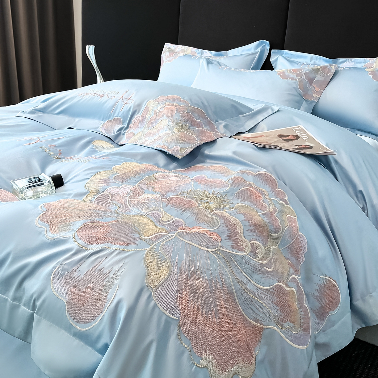 91家纺网 家纺一手货源 找家纺 置顶家纺 2026新款花间集刺绣小清新系列四件套 花间集-天空蓝