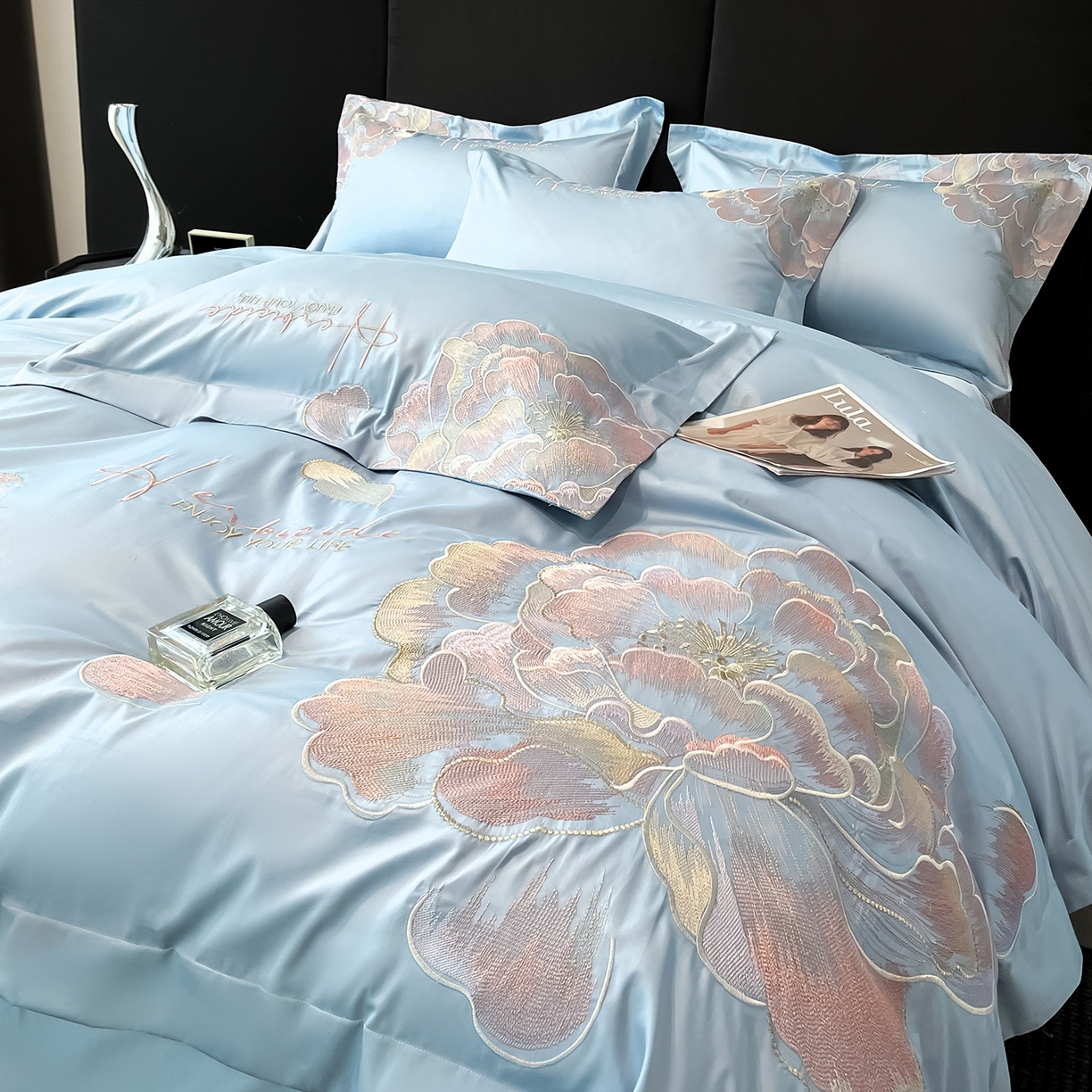 91家纺网 家纺一手货源 找家纺 置顶家纺 2026新款花间集刺绣小清新系列四件套 花间集-天空蓝