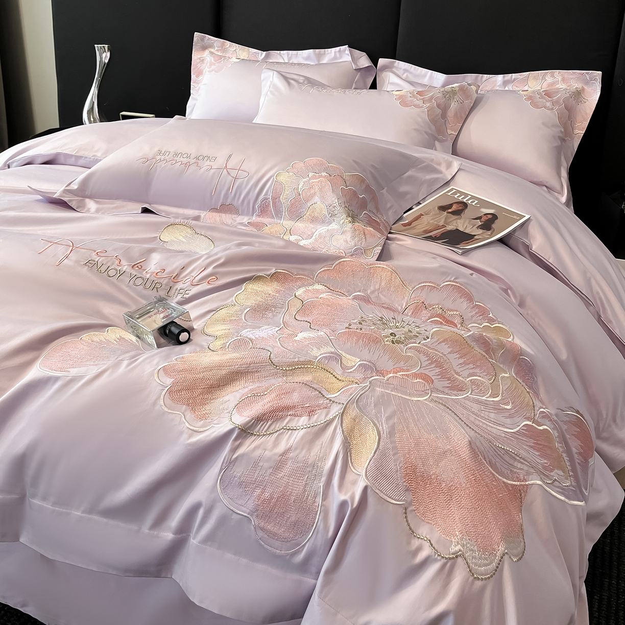 91家纺网 家纺一手货源 找家纺 置顶家纺 2026新款花间集刺绣小清新系列四件套 花间集-香芋紫