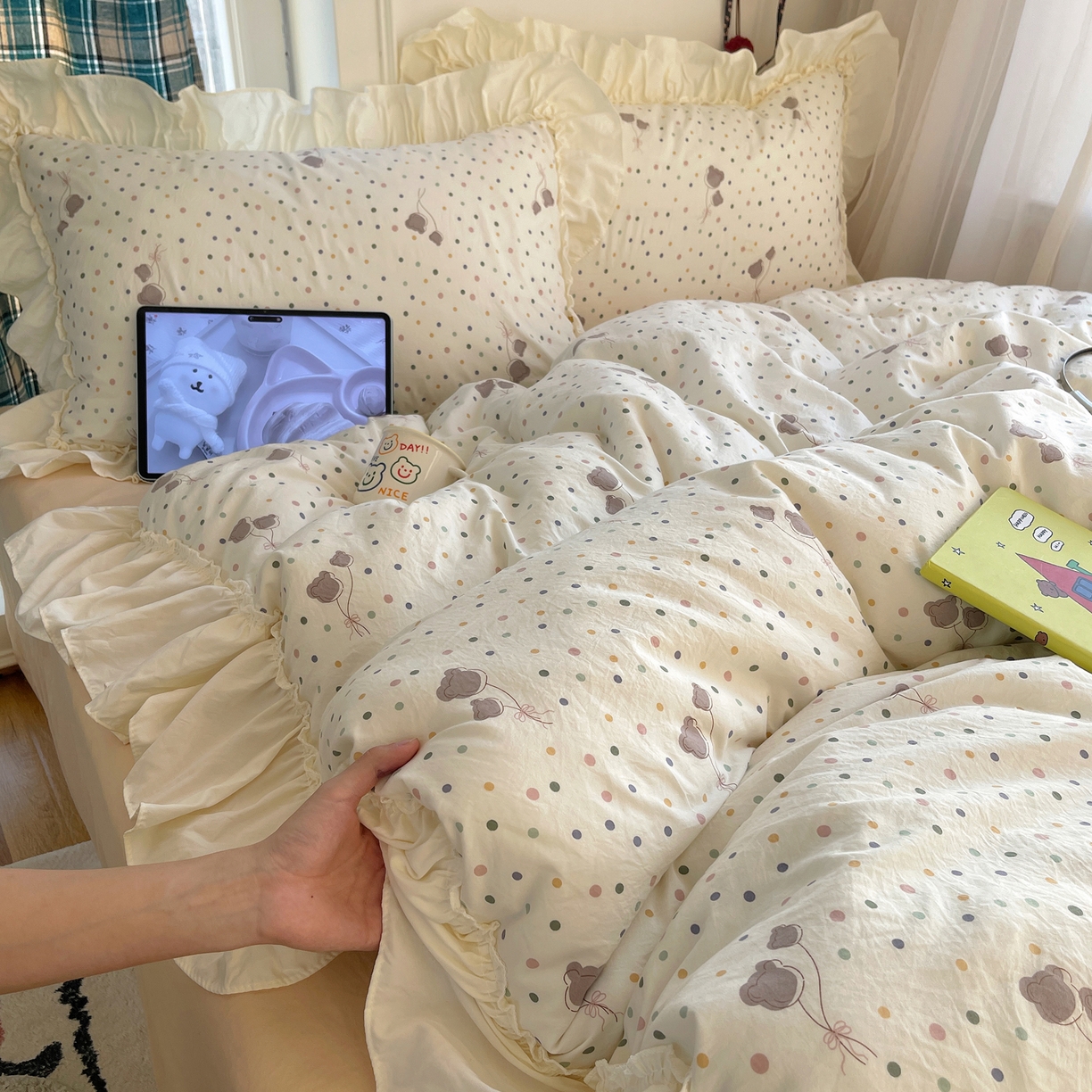 顾里家纺 2026新款春日碎花大花边云感棉四件套（床笠属于定制 后期不予退换） 彩点小熊