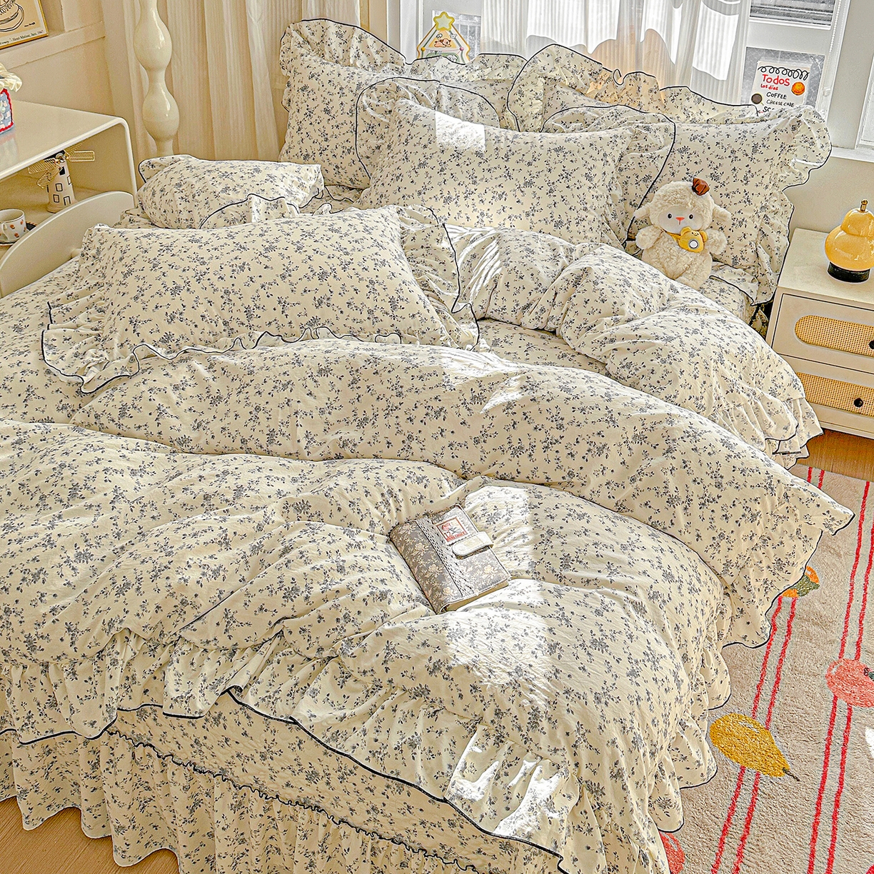 91家纺网 家纺一手货源 找家纺 （总）家维家纺 2026新款(常年不断货）韩式花边复古棉感床盖四件套 提供买家秀