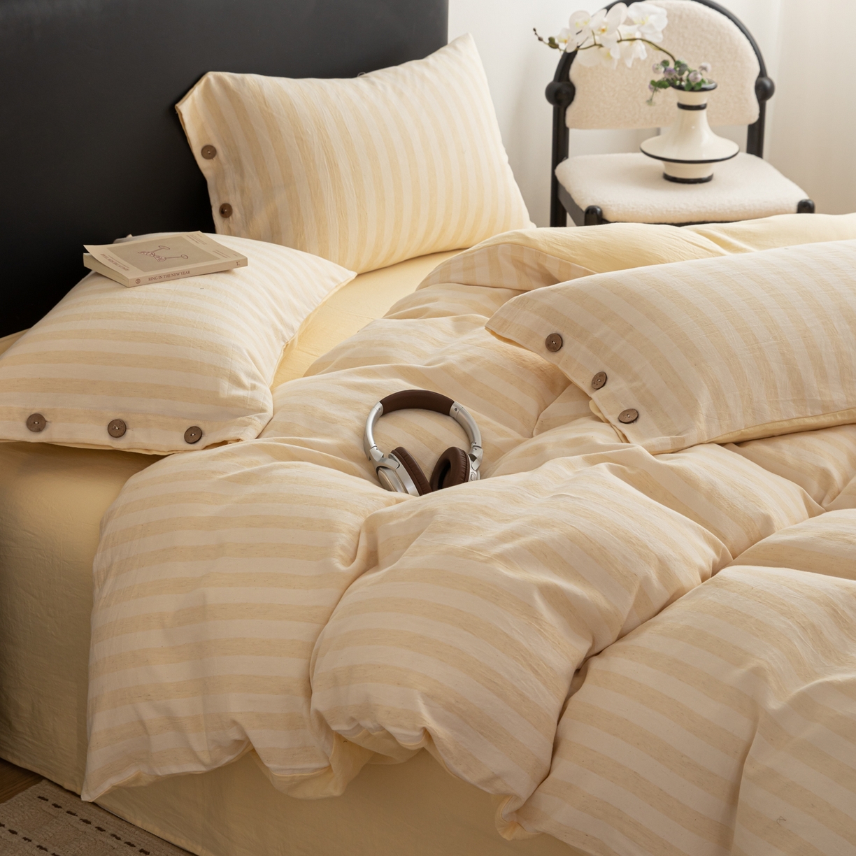 91家纺网 家纺一手货源 找家纺 （总）简宜家居（朝初家纺） 2026新款棉麻四件套-条纹格子系列