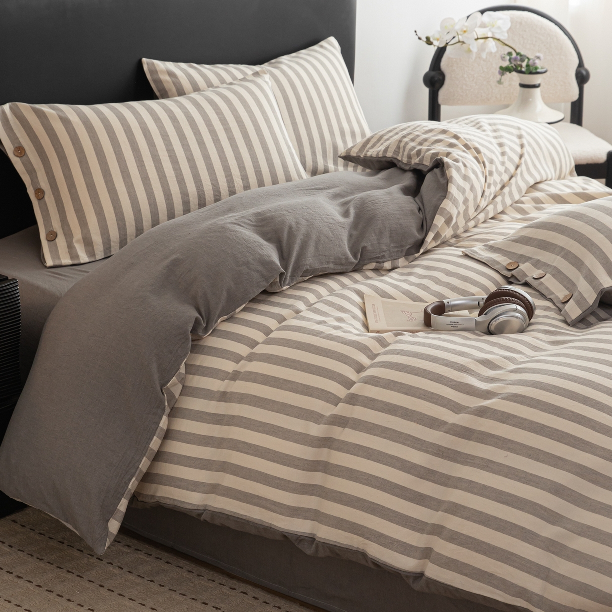 91家纺网 家纺一手货源 找家纺 简宜家居（朝初家纺） 2026新款棉麻四件套-条纹格子系列 麻灰-暖梦