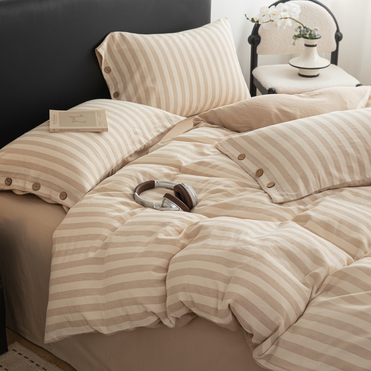 简宜家居（朝初家纺） 2026新款棉麻四件套-条纹格子系列 咖条-暖梦