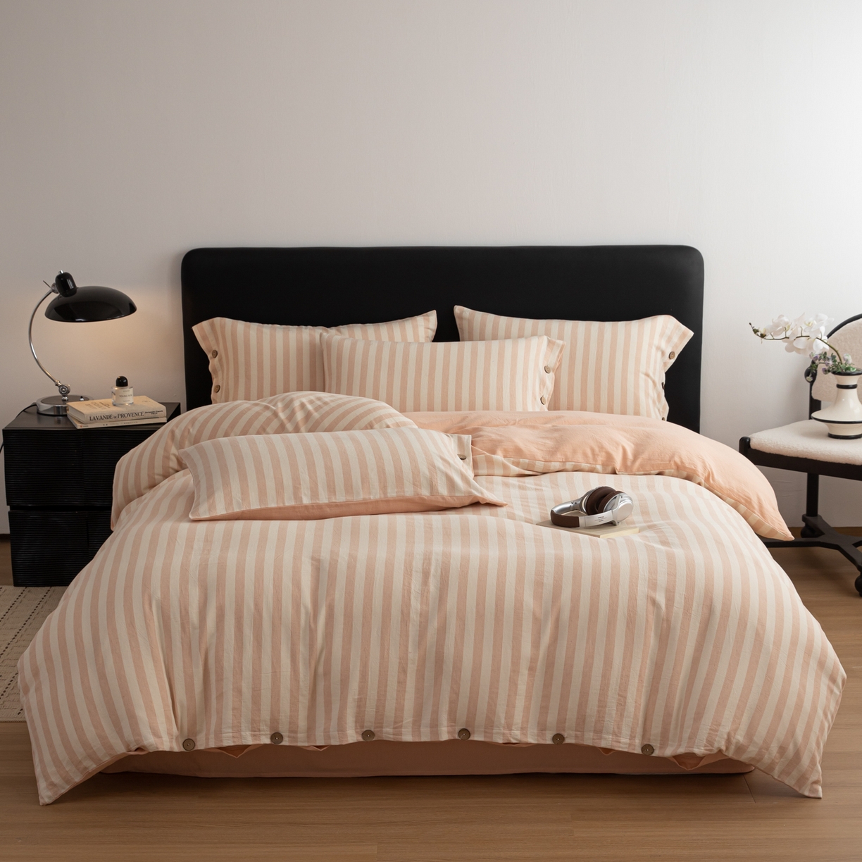 91家纺网 家纺一手货源 找家纺 简宜家居（朝初家纺） 2026新款棉麻四件套-条纹格子系列 蜜粉-暖梦