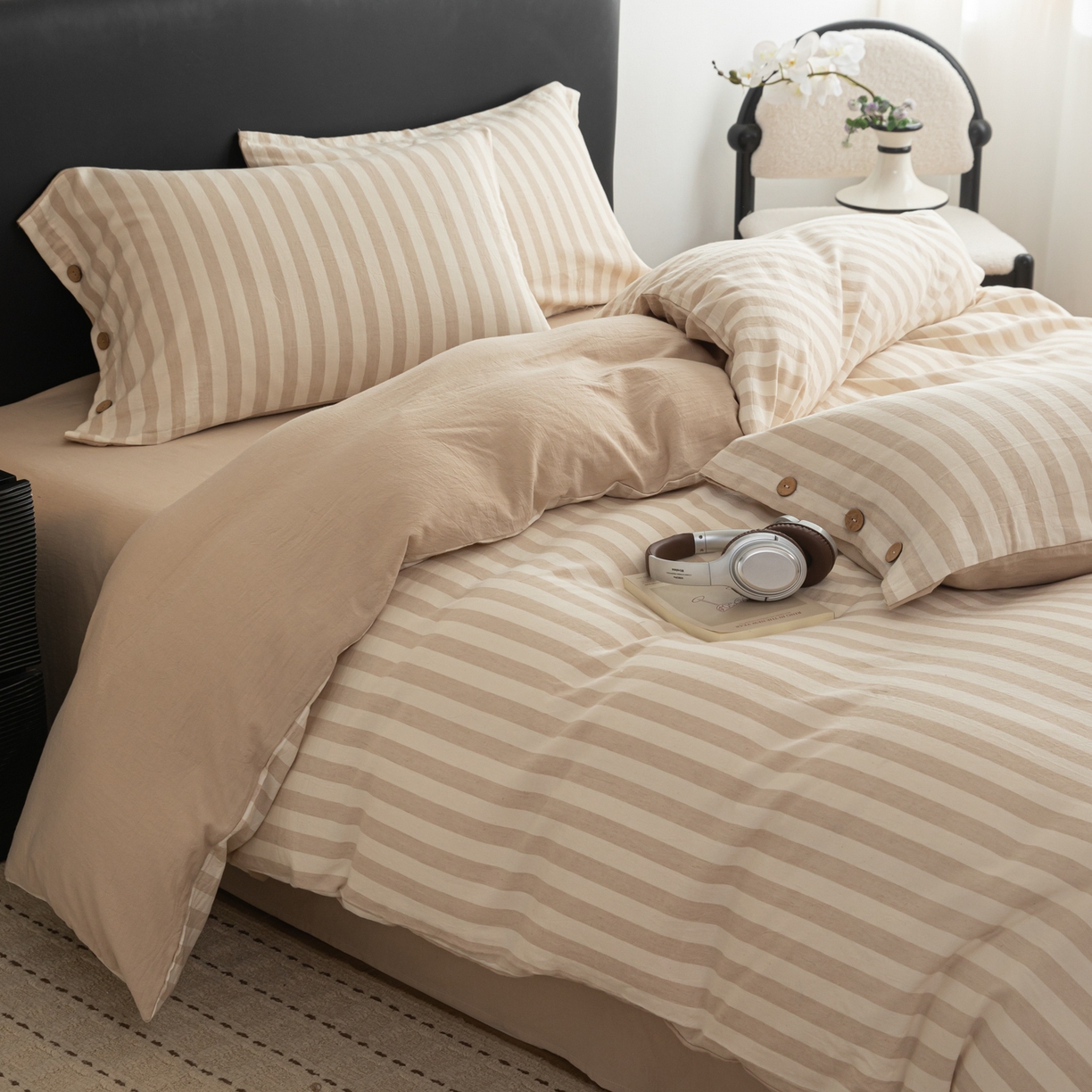 91家纺网 家纺一手货源 找家纺 简宜家居（朝初家纺） 2026新款棉麻四件套-条纹格子系列 咖条-暖梦