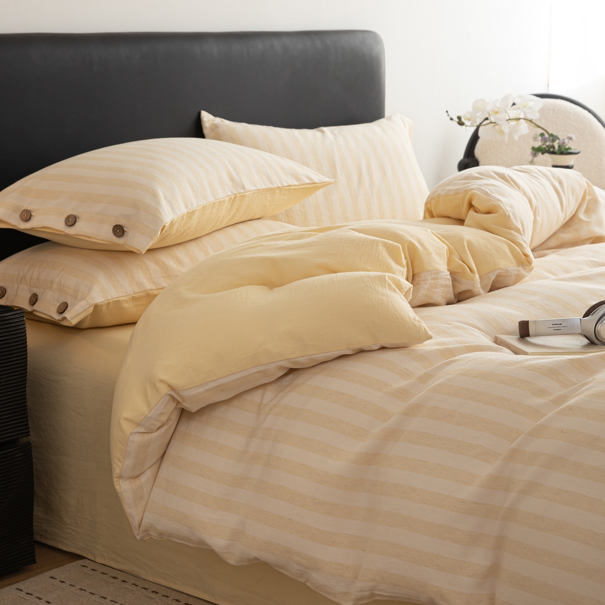 91家纺网 家纺一手货源 找家纺 简宜家居（朝初家纺） 2026新款棉麻四件套-条纹格子系列 黄条-暖梦