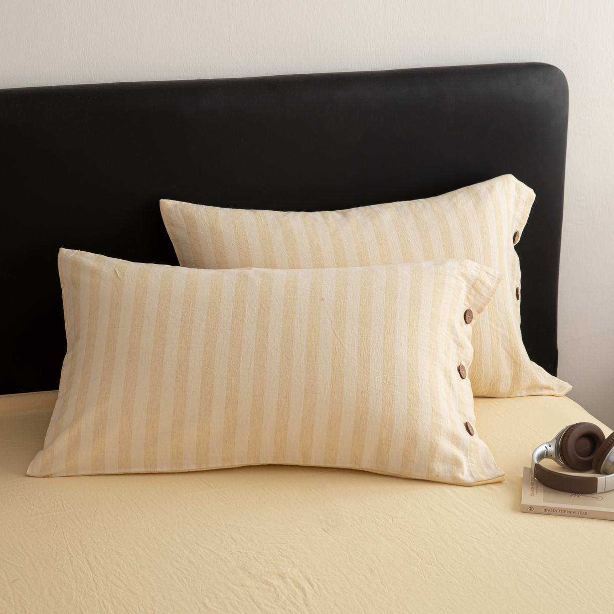 91家纺网 家纺一手货源 找家纺 简宜家居（朝初家纺） 2026新款棉麻四件套-条纹格子系列 黄条-暖梦