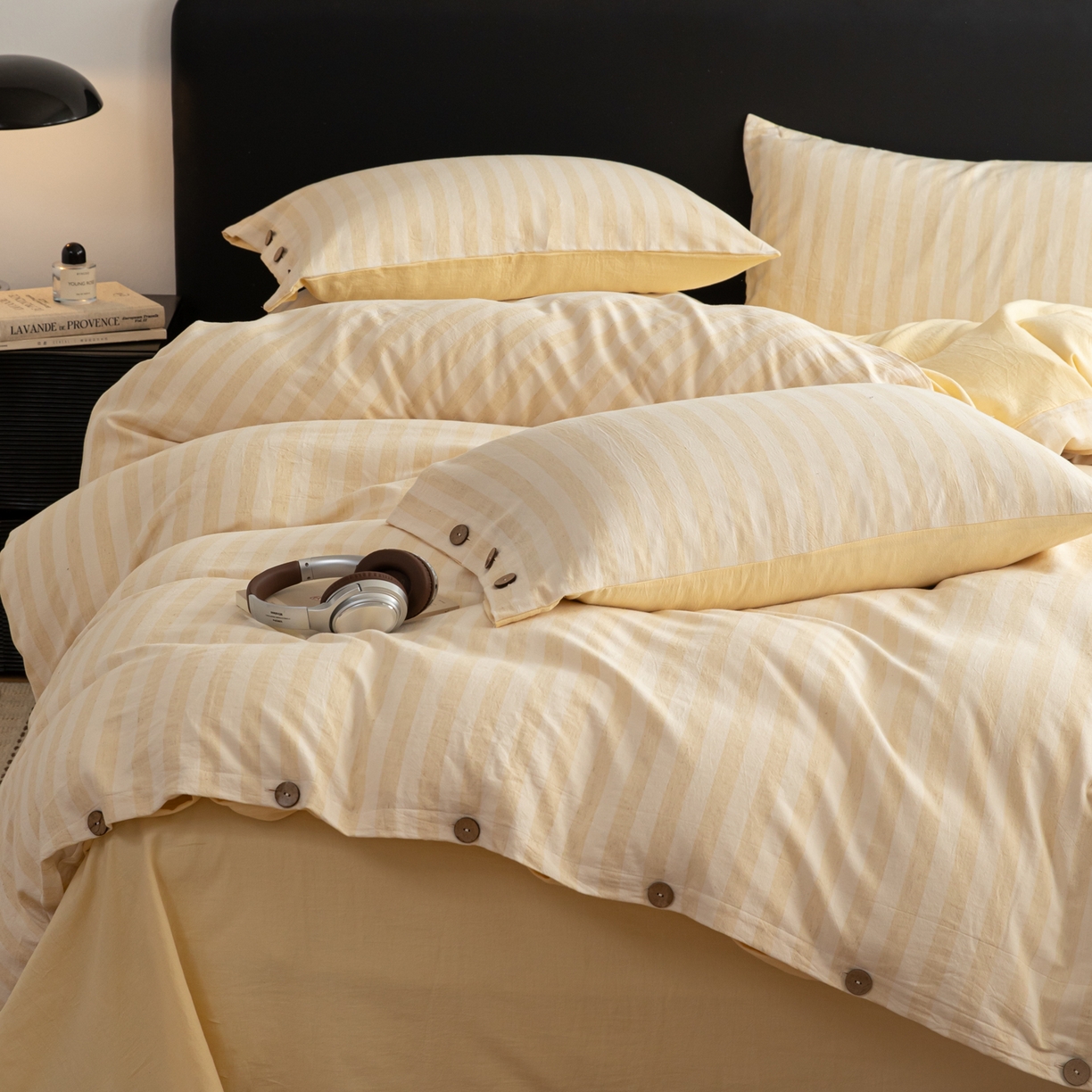 91家纺网 家纺一手货源 找家纺 简宜家居（朝初家纺） 2026新款棉麻四件套-条纹格子系列 黄条-暖梦