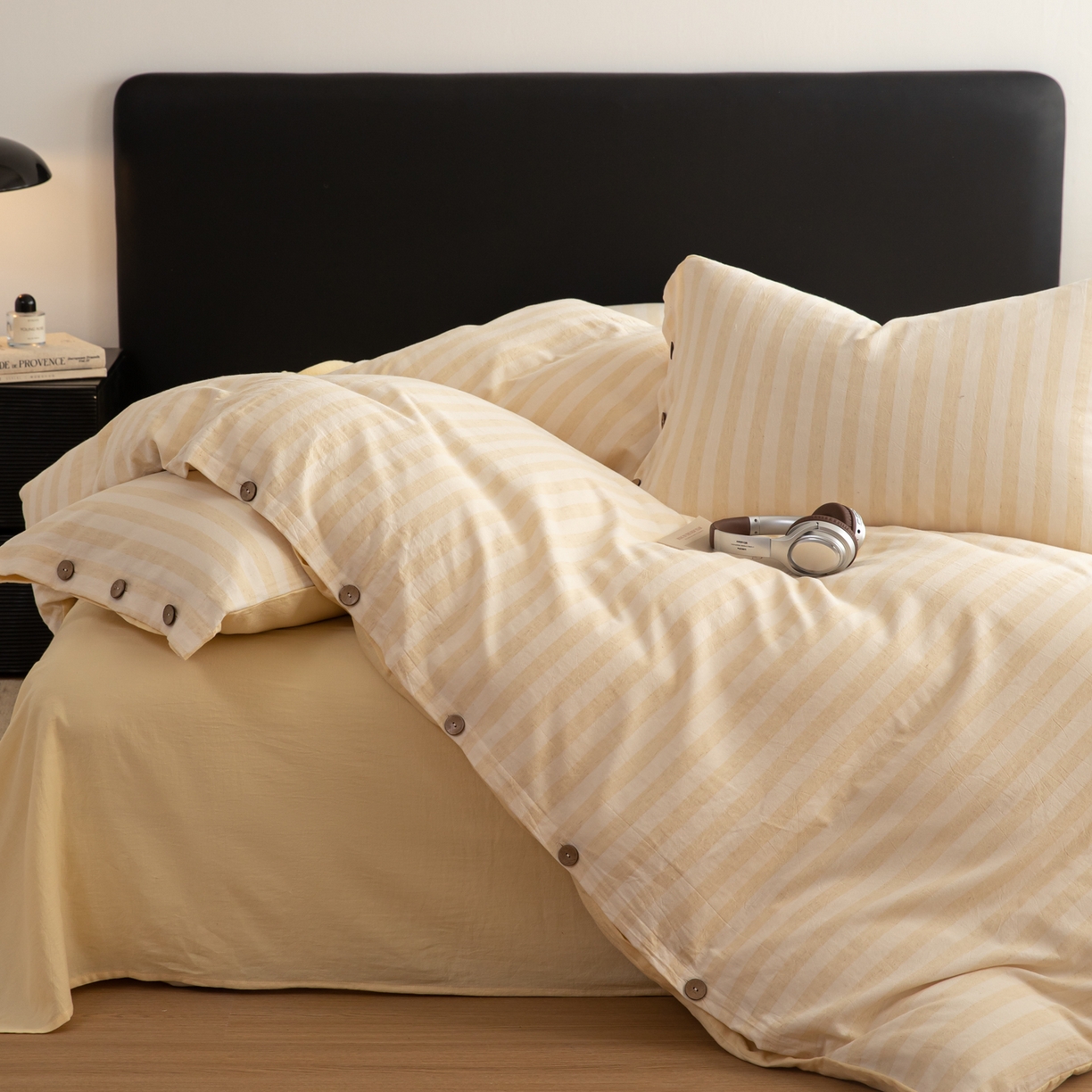 91家纺网 家纺一手货源 找家纺 简宜家居（朝初家纺） 2026新款棉麻四件套-条纹格子系列 黄条-暖梦