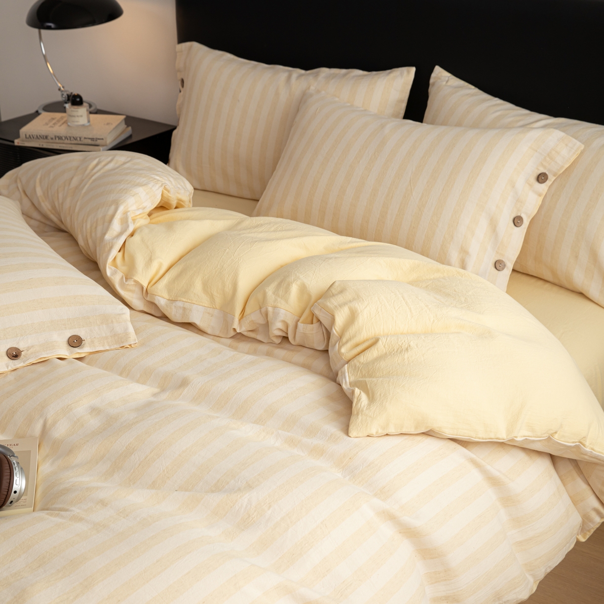 91家纺网 家纺一手货源 找家纺 简宜家居（朝初家纺） 2026新款棉麻四件套-条纹格子系列 黄条-暖梦