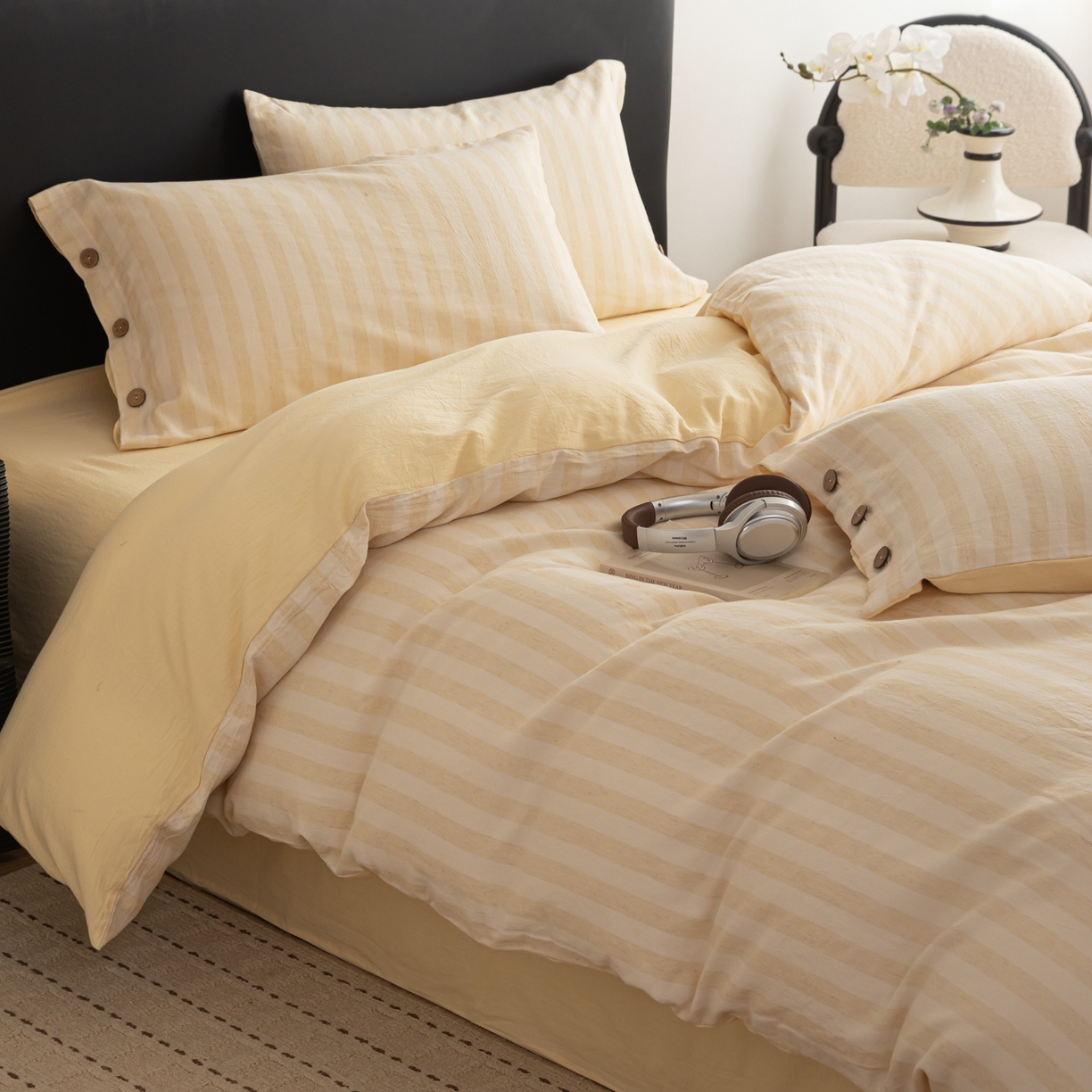 91家纺网 家纺一手货源 找家纺 简宜家居（朝初家纺） 2026新款棉麻四件套-条纹格子系列 黄条-暖梦