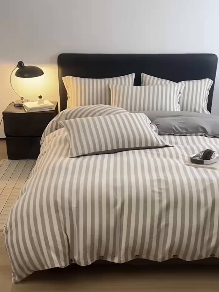 91家纺网 家纺一手货源 找家纺 （总）简宜家居（朝初家纺） 2026新款棉麻四件套-条纹格子系列