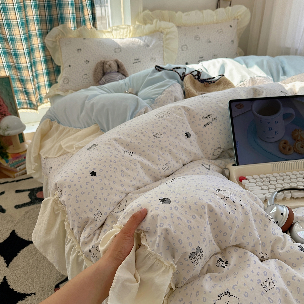 顾里家纺 2026新款春日碎花大花边云感棉四件套（床笠属于定制 后期不予退换） 蓝豹小猫