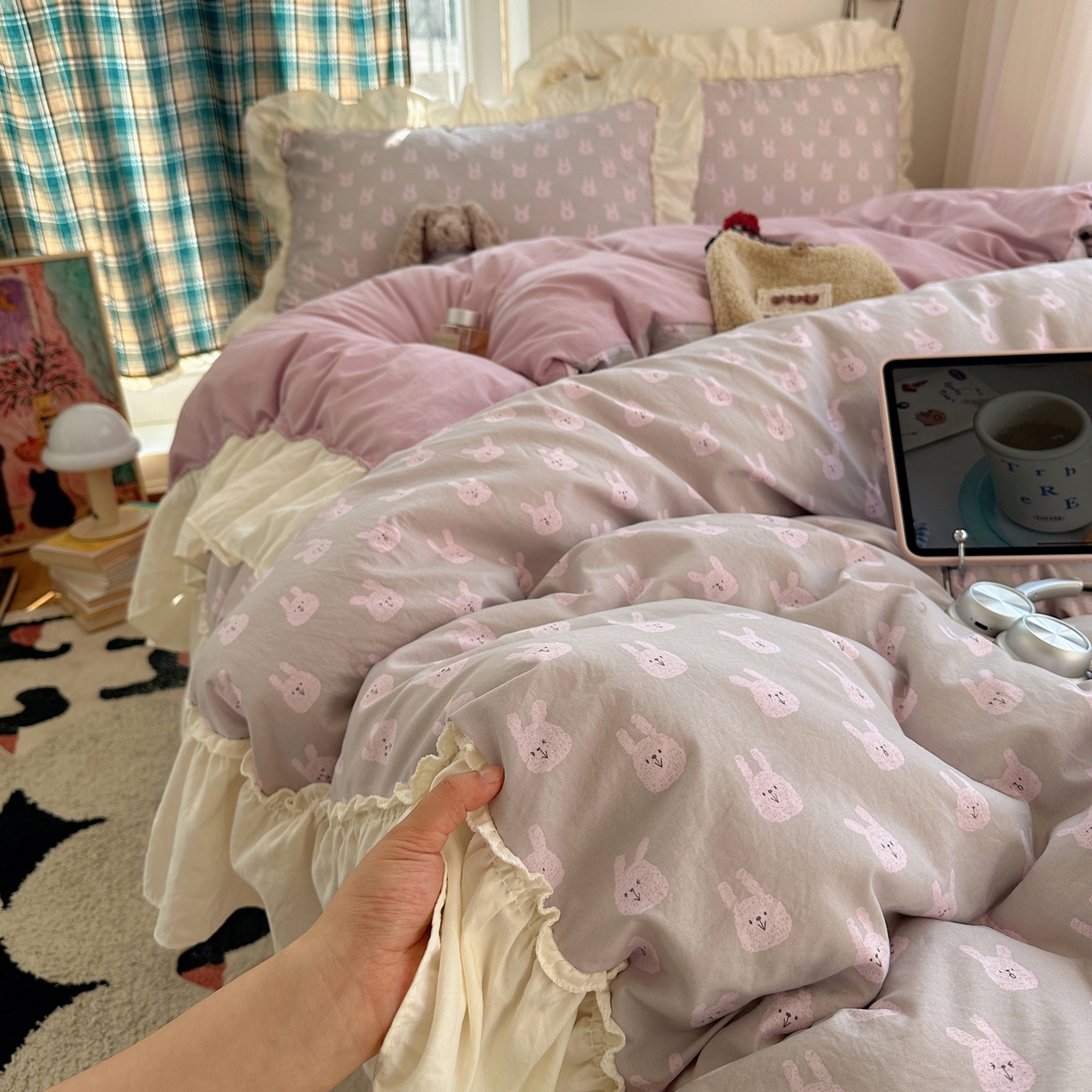 顾里家纺 2026新款春日碎花大花边云感棉四件套（床笠属于定制 后期不予退换） 梦幻粉兔