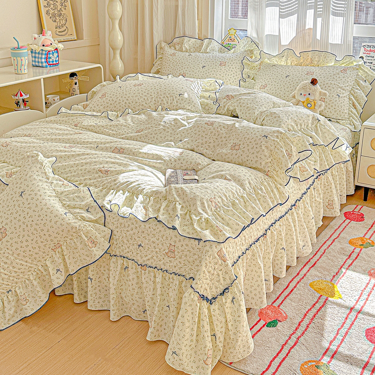 91家纺网 家纺一手货源 找家纺 （总）家维家纺 2026新款(常年不断货）韩式花边复古棉感床盖四件套 提供买家秀