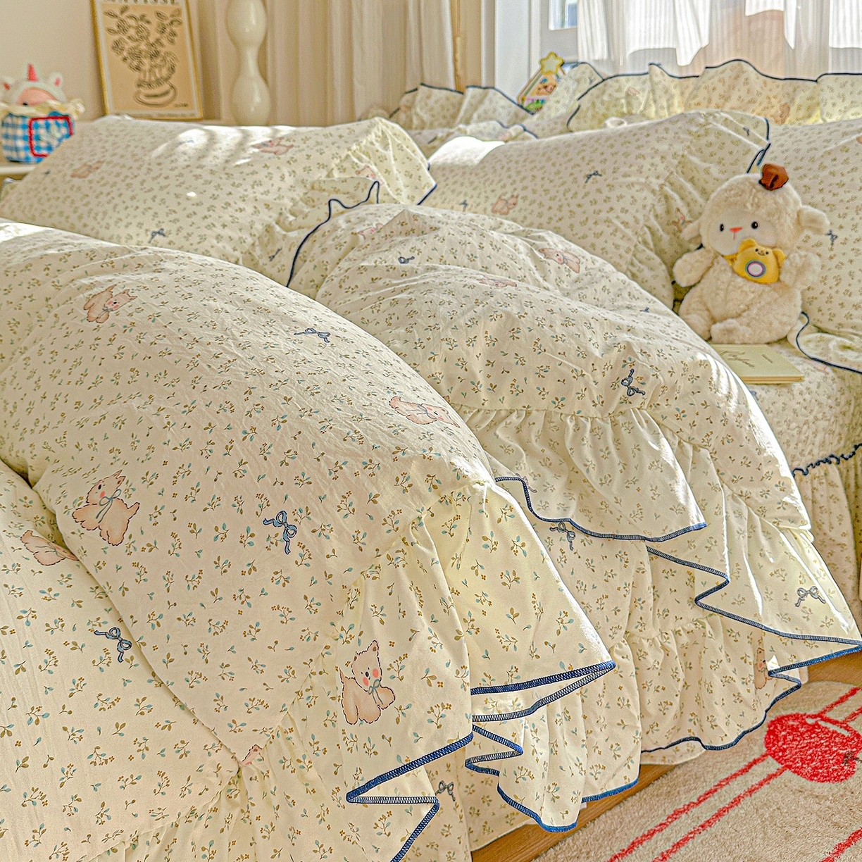 91家纺网 家纺一手货源 找家纺 （总）家维家纺 2026新款(常年不断货）韩式花边复古棉感床盖四件套 提供买家秀