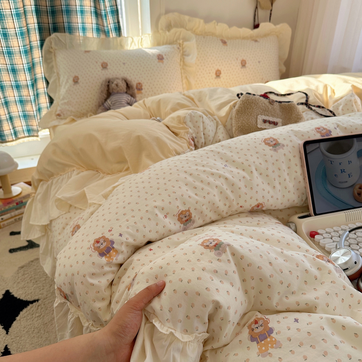 顾里家纺 2026新款春日碎花大花边云感棉四件套（床笠属于定制 后期不予退换） 治愈小狮