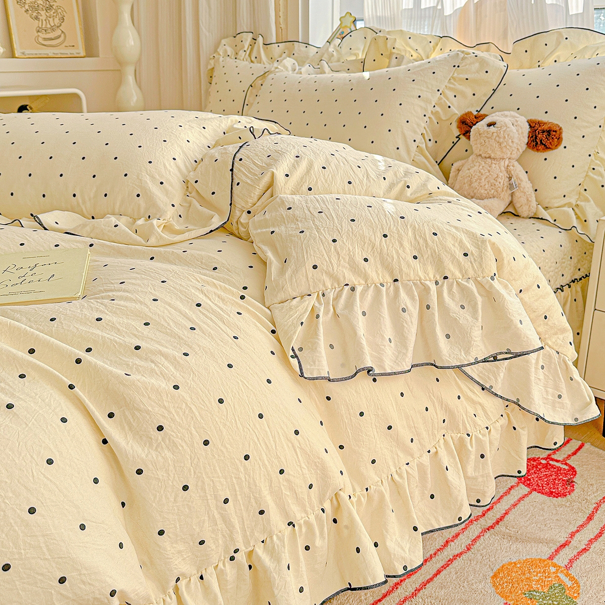 91家纺网 家纺一手货源 找家纺 家维家纺 2026新款(常年不断货）韩式双层花边复古棉感床盖四件套 波点