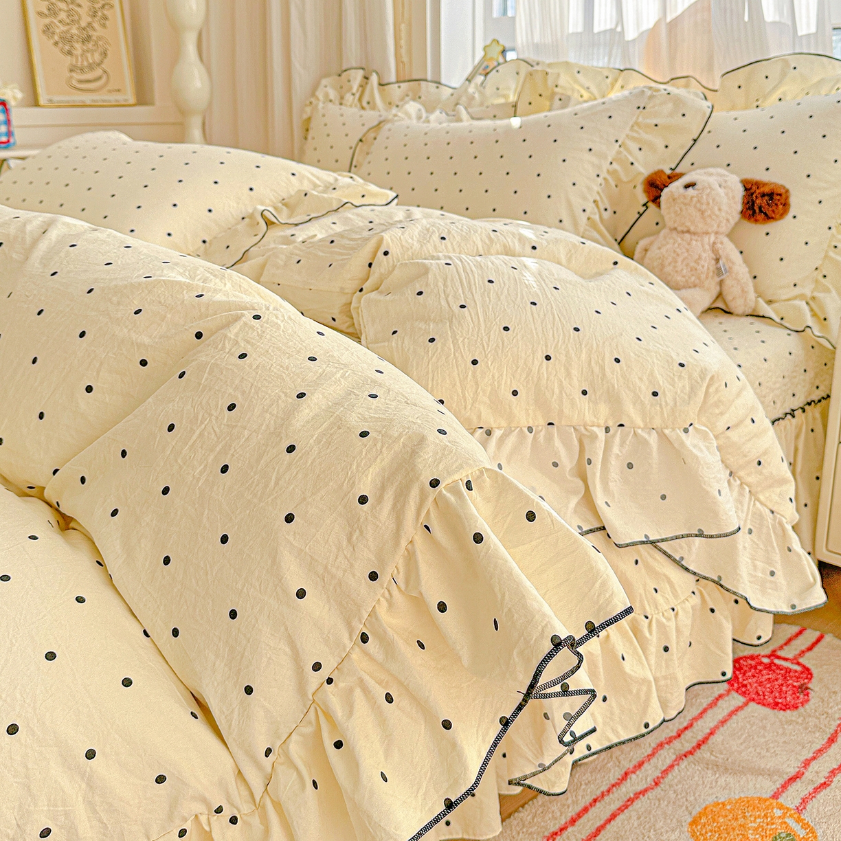 91家纺网 家纺一手货源 找家纺 家维家纺 2026新款(常年不断货）韩式双层花边复古棉感床盖四件套 波点