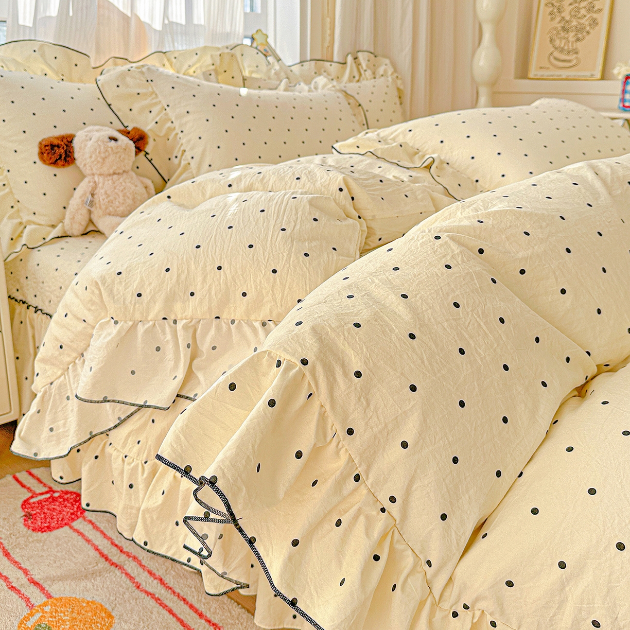 91家纺网 家纺一手货源 找家纺 家维家纺 2026新款(常年不断货）韩式双层花边复古棉感床盖四件套 波点