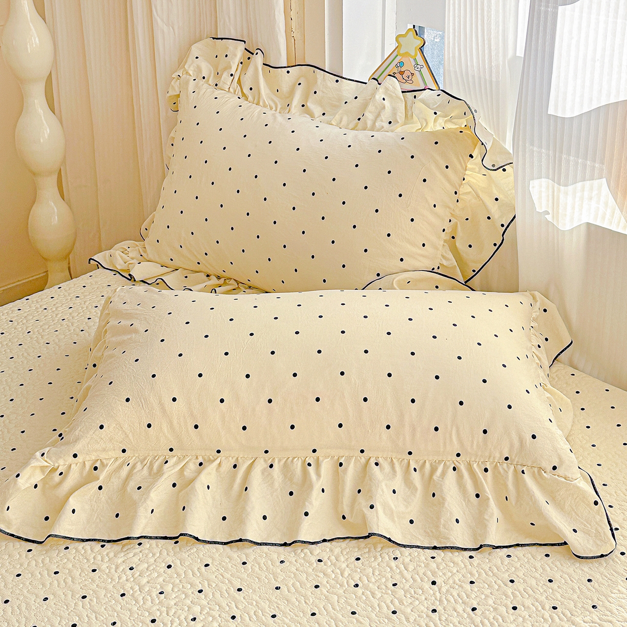 91家纺网 家纺一手货源 找家纺 家维家纺 2026新款(常年不断货）韩式双层花边复古棉感床盖四件套 波点