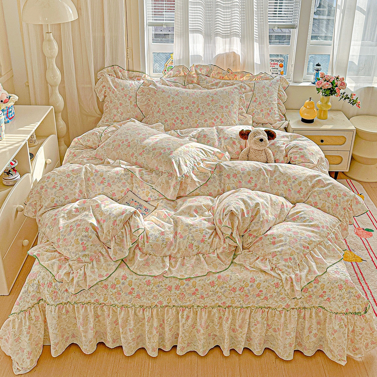 91家纺网 家纺一手货源 找家纺 家维家纺 2026新款(常年不断货）韩式双层花边复古棉感床盖四件套 春日礼盒