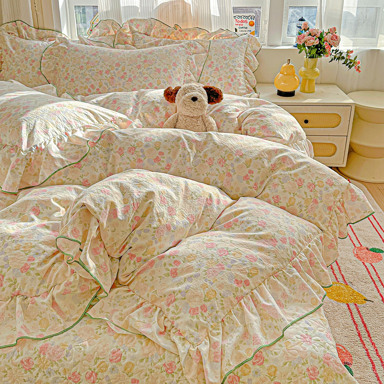 91家纺网 家纺一手货源 找家纺 家维家纺 2026新款(常年不断货）韩式双层花边复古棉感床盖四件套 春日礼盒