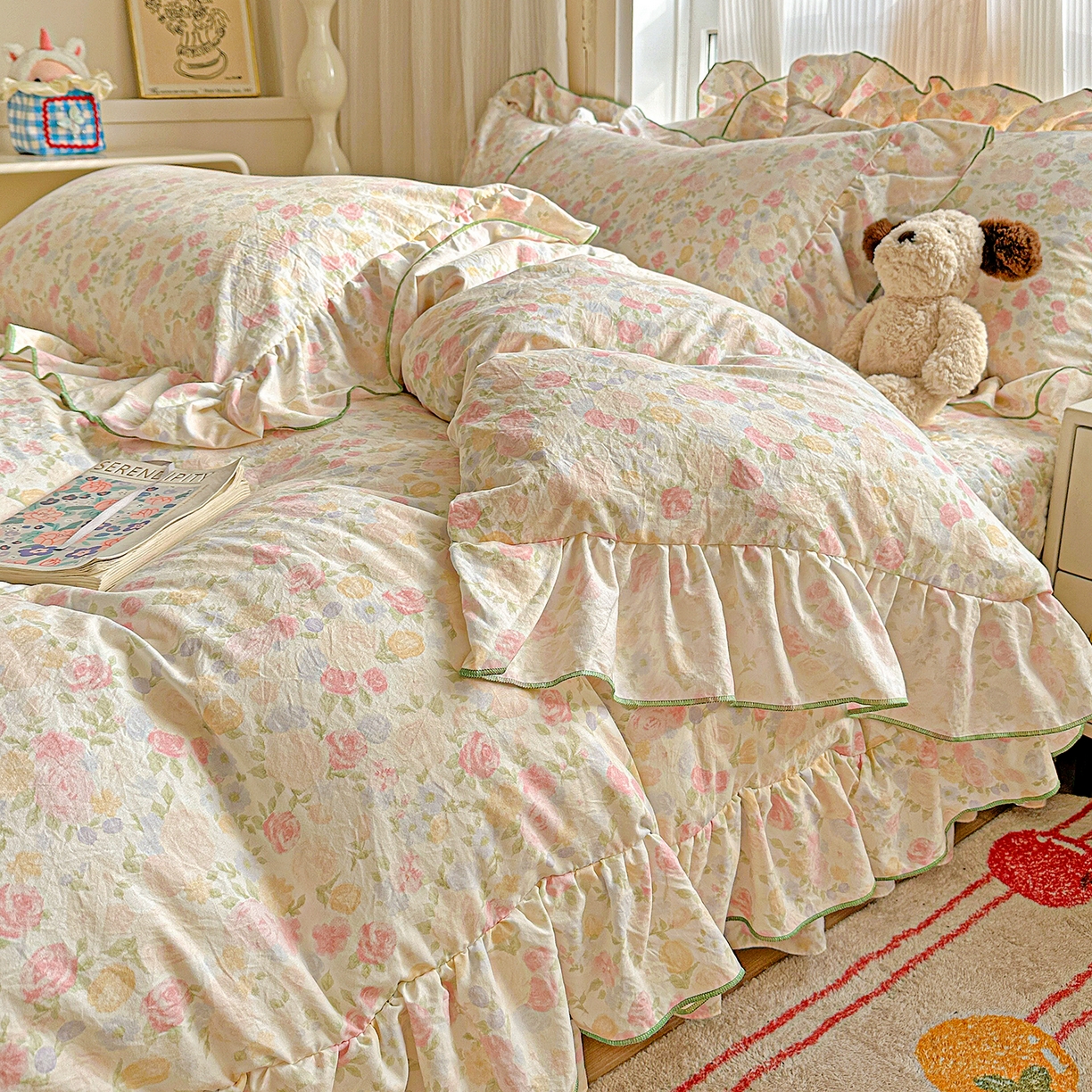 91家纺网 家纺一手货源 找家纺 家维家纺 2026新款(常年不断货）韩式双层花边复古棉感床盖四件套 春日礼盒