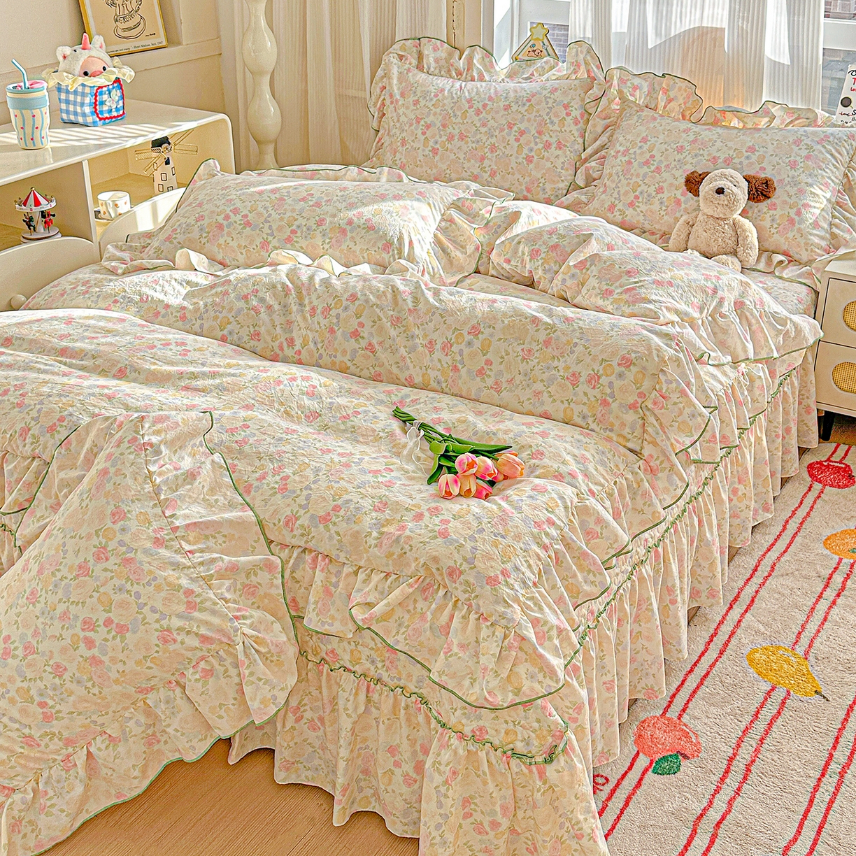 91家纺网 家纺一手货源 找家纺 家维家纺 2026新款(常年不断货）韩式双层花边复古棉感床盖四件套 春日礼盒