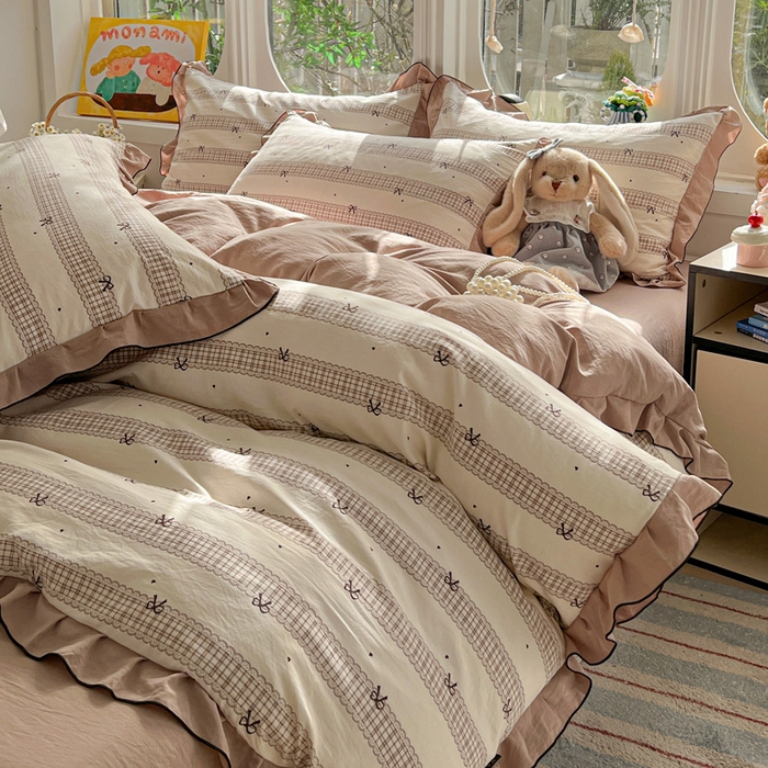 91家纺网 家纺一手货源 找家纺 莱越家纺 2026新款A类仿棉四件套古法水洗棉法式工艺花边四件套 蝴蝶结