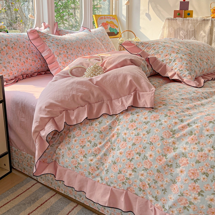 91家纺网 家纺一手货源 找家纺 莱越家纺 2026新款A类仿棉四件套古法水洗棉法式工艺花边四件套 爱丽丝-蓝