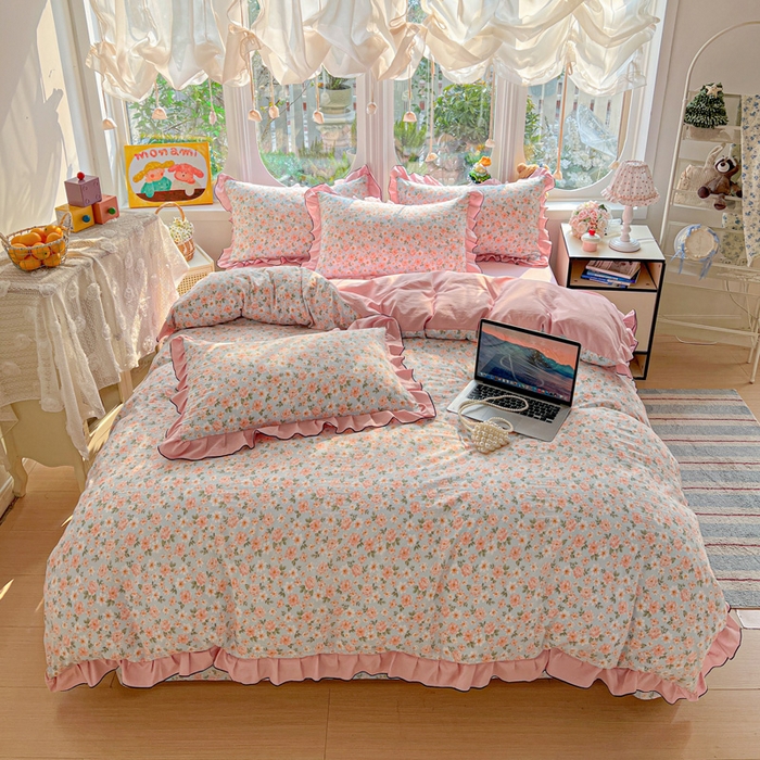 91家纺网 家纺一手货源 找家纺 莱越家纺 2026新款A类仿棉四件套古法水洗棉法式工艺花边四件套 爱丽丝-蓝