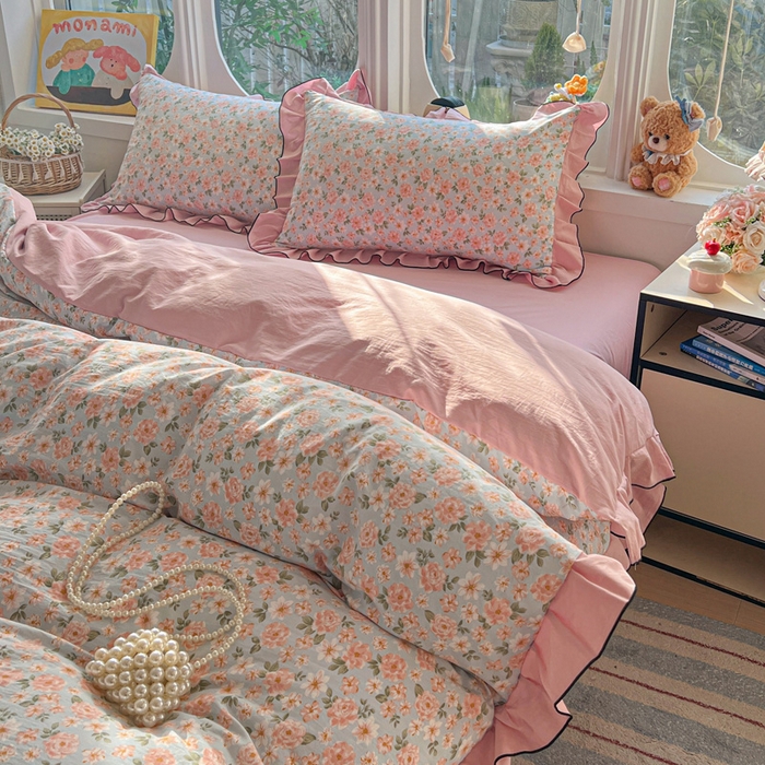 91家纺网 家纺一手货源 找家纺 莱越家纺 2026新款A类仿棉四件套古法水洗棉法式工艺花边四件套 爱丽丝-蓝