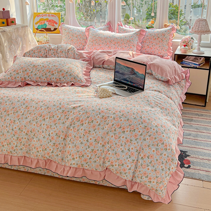 91家纺网 家纺一手货源 找家纺 莱越家纺 2026新款A类仿棉四件套古法水洗棉法式工艺花边四件套 爱丽丝-蓝