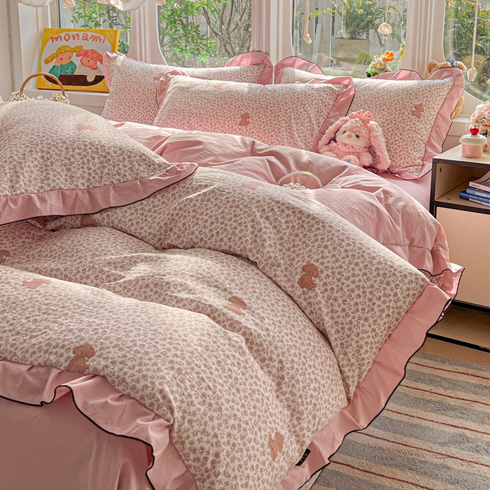 莱越家纺 2026新款A类仿棉四件套古法水洗棉法式工艺花边四件套 呆萌狗