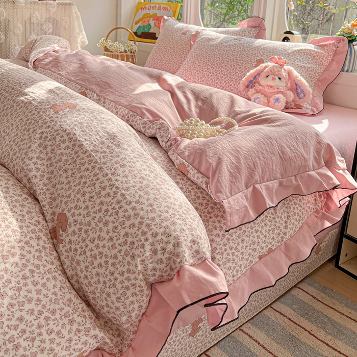 91家纺网 家纺一手货源 找家纺 莱越家纺 2026新款A类仿棉四件套古法水洗棉法式工艺花边四件套 呆萌狗