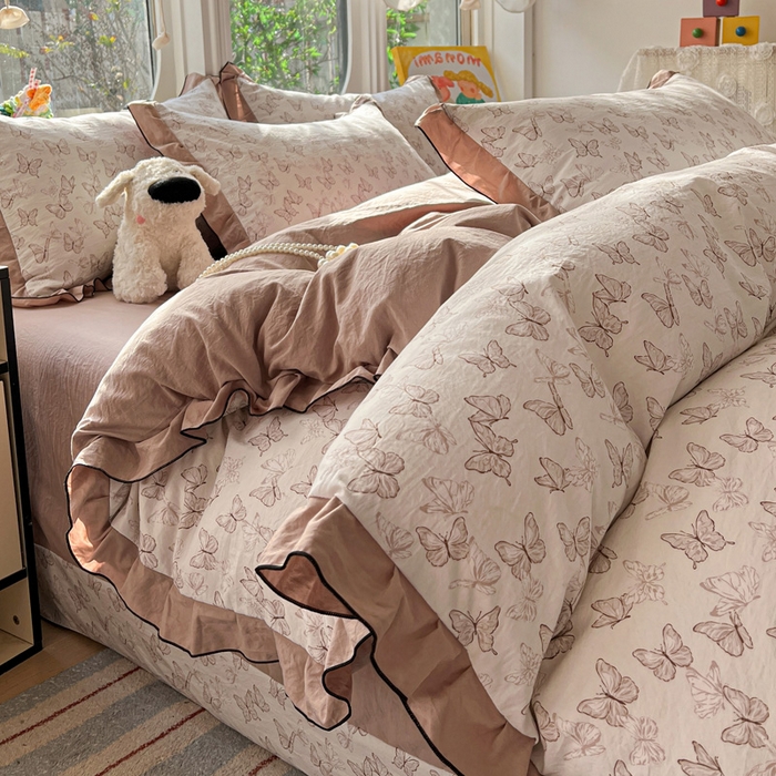 91家纺网 家纺一手货源 找家纺 莱越家纺 2026新款A类仿棉四件套古法水洗棉法式工艺花边四件套 蝴蝶纷飞