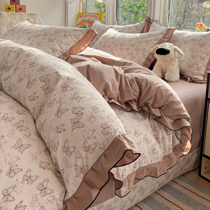 91家纺网 家纺一手货源 找家纺 莱越家纺 2026新款A类仿棉四件套古法水洗棉法式工艺花边四件套 蝴蝶纷飞