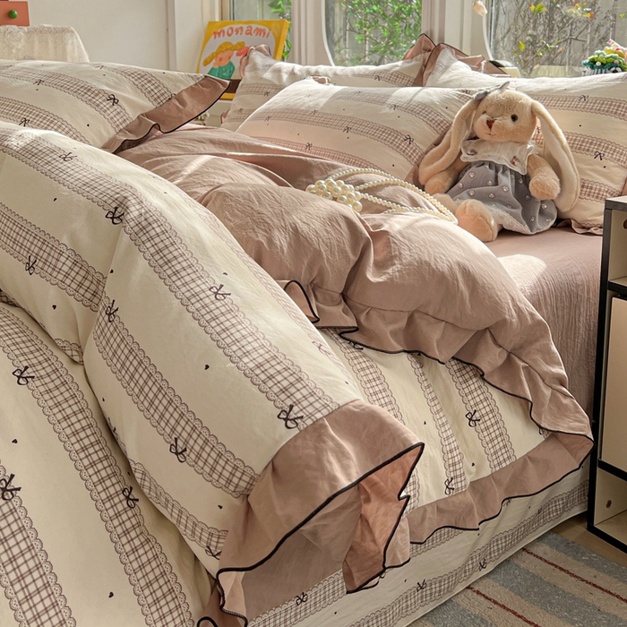 91家纺网 家纺一手货源 找家纺 莱越家纺 2026新款A类仿棉四件套古法水洗棉法式工艺花边四件套 蝴蝶结