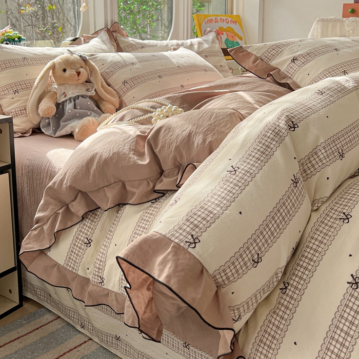 91家纺网 家纺一手货源 找家纺 莱越家纺 2026新款A类仿棉四件套古法水洗棉法式工艺花边四件套 蝴蝶结