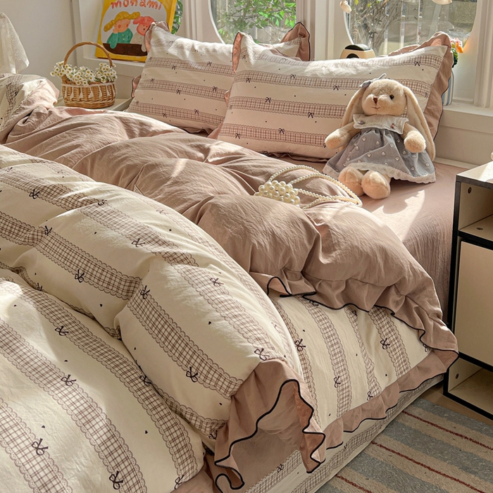 91家纺网 家纺一手货源 找家纺 莱越家纺 2026新款A类仿棉四件套古法水洗棉法式工艺花边四件套 蝴蝶结