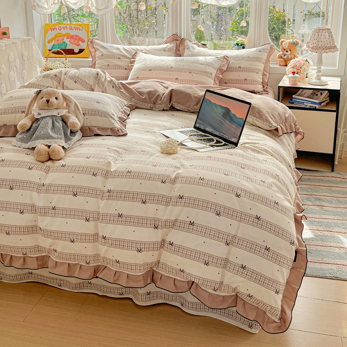 91家纺网 家纺一手货源 找家纺 莱越家纺 2026新款A类仿棉四件套古法水洗棉法式工艺花边四件套 蝴蝶结