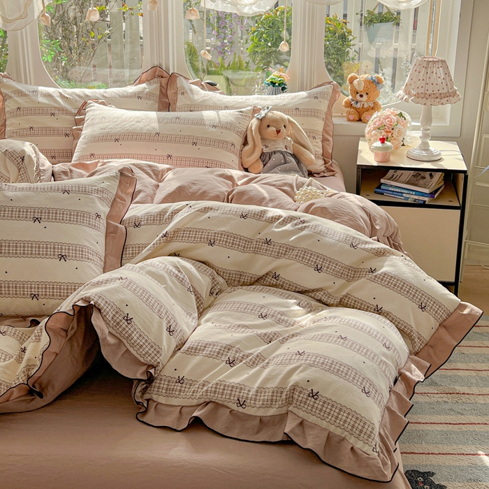 91家纺网 家纺一手货源 找家纺 莱越家纺 2026新款A类仿棉四件套古法水洗棉法式工艺花边四件套 蝴蝶结